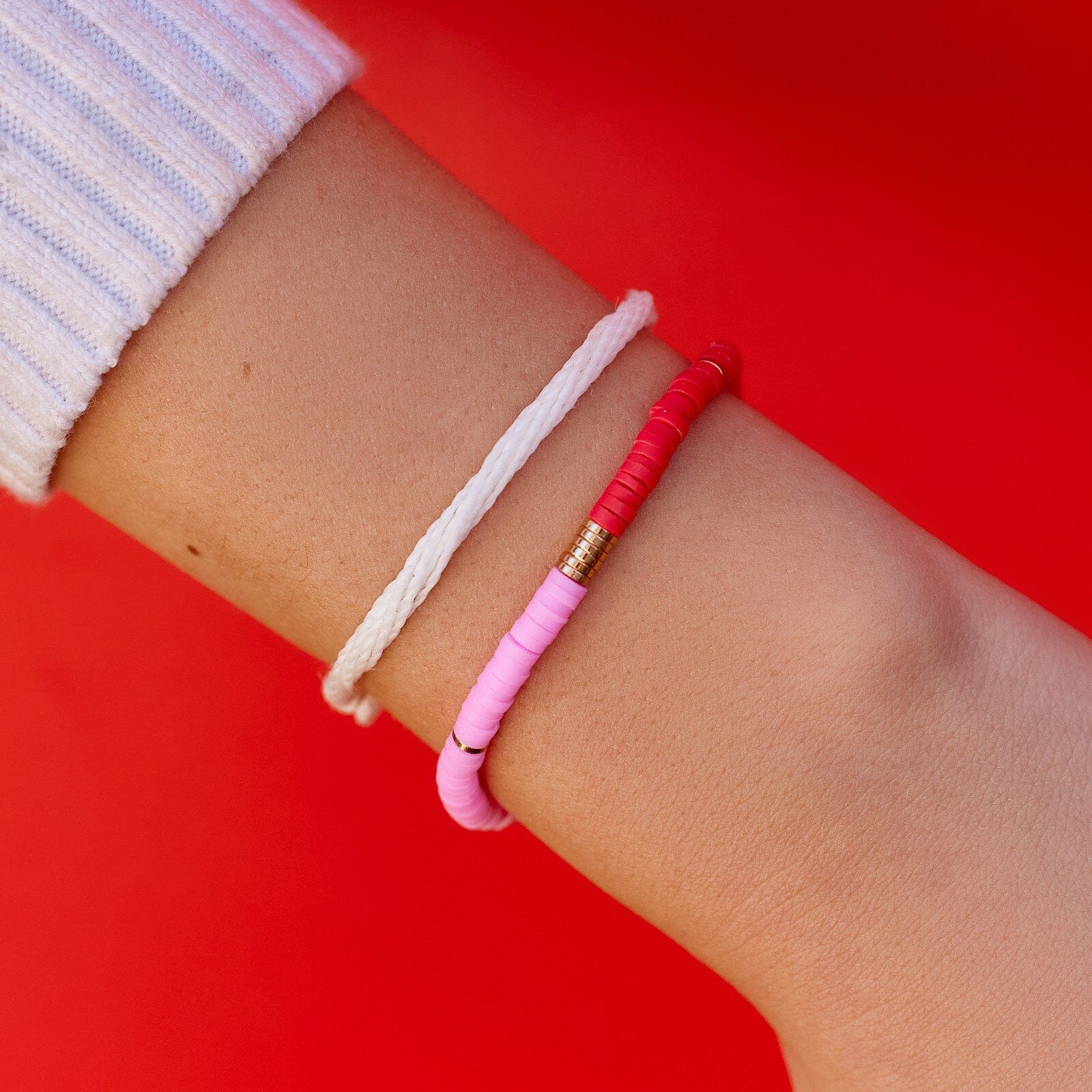 Pink and Red Vinyl Disc Bead Stretch Bracelet Set