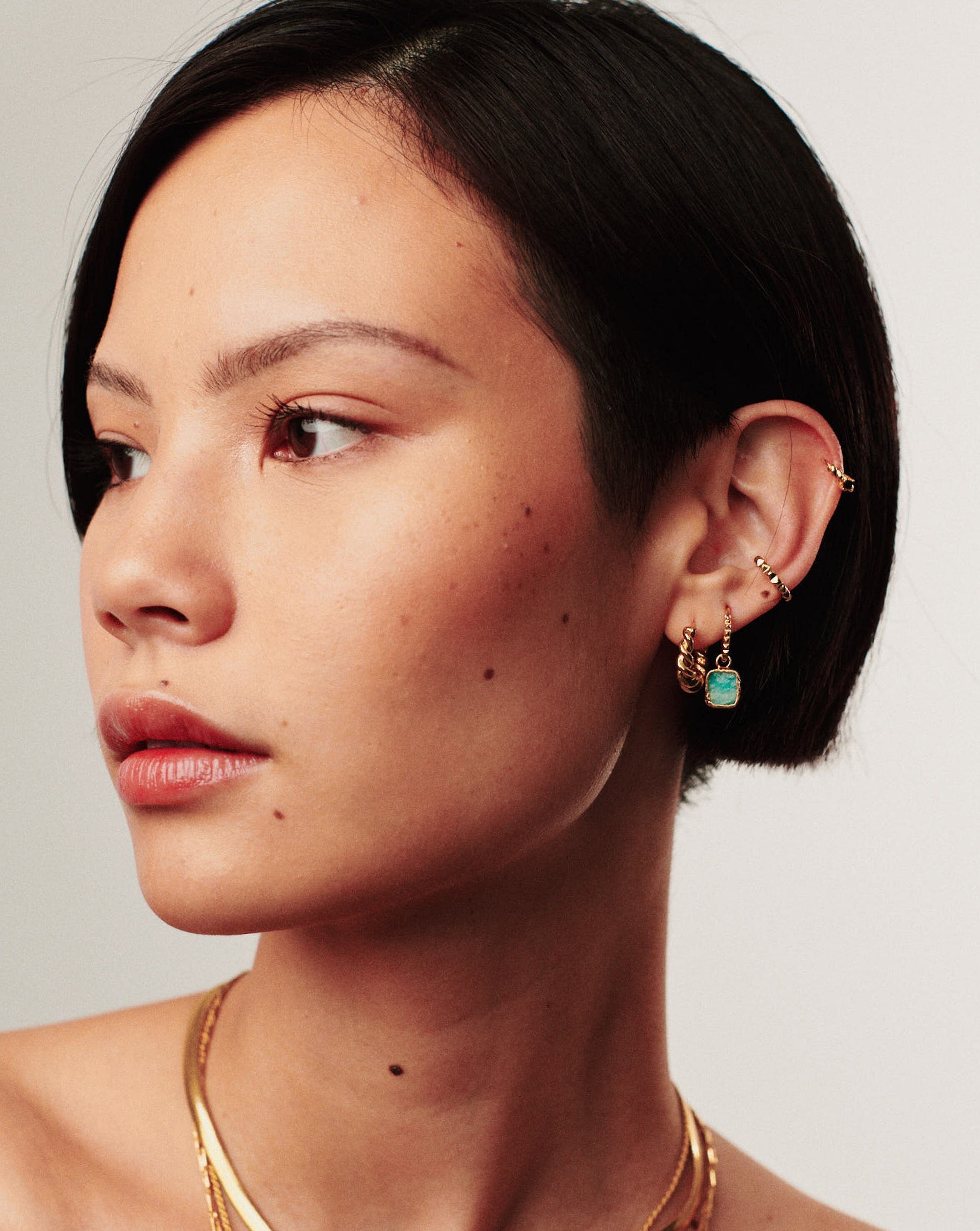 Boucles d'oreilles créoles Mini pyramide | Vermeil d'or 18 carats/Amazonite