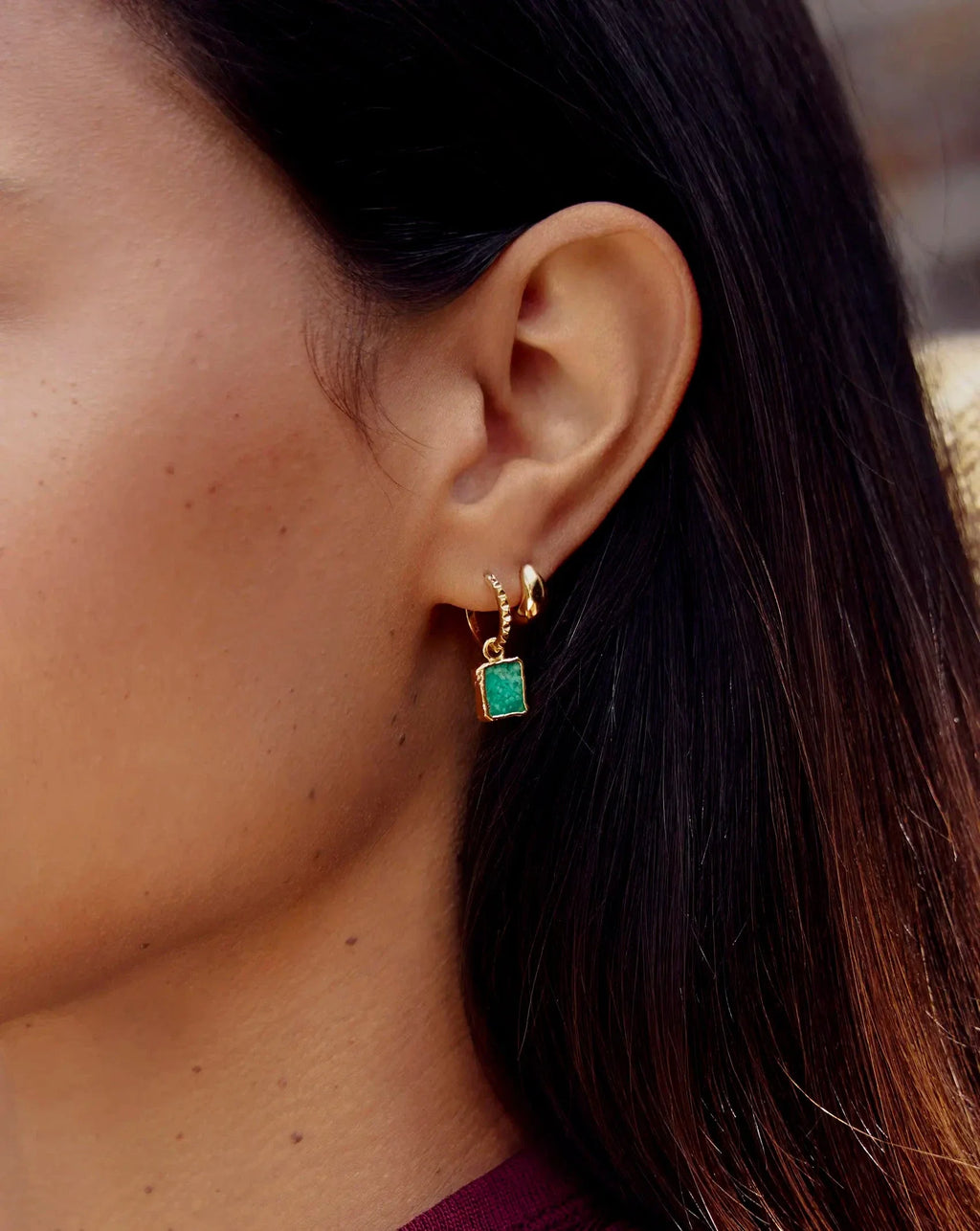Boucles d'oreilles créoles Mini pyramide | Vermeil d'or 18 carats/Amazonite