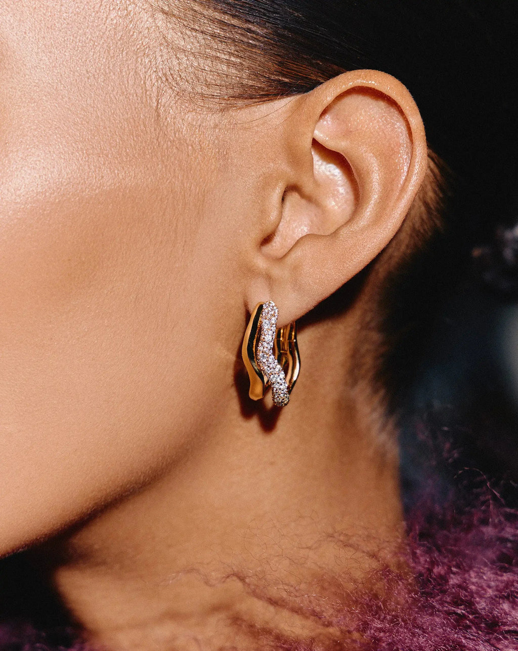 Molten Snow Double Medium Hoop Earrings | 18ct Gold Plated/Cubic Zirconia