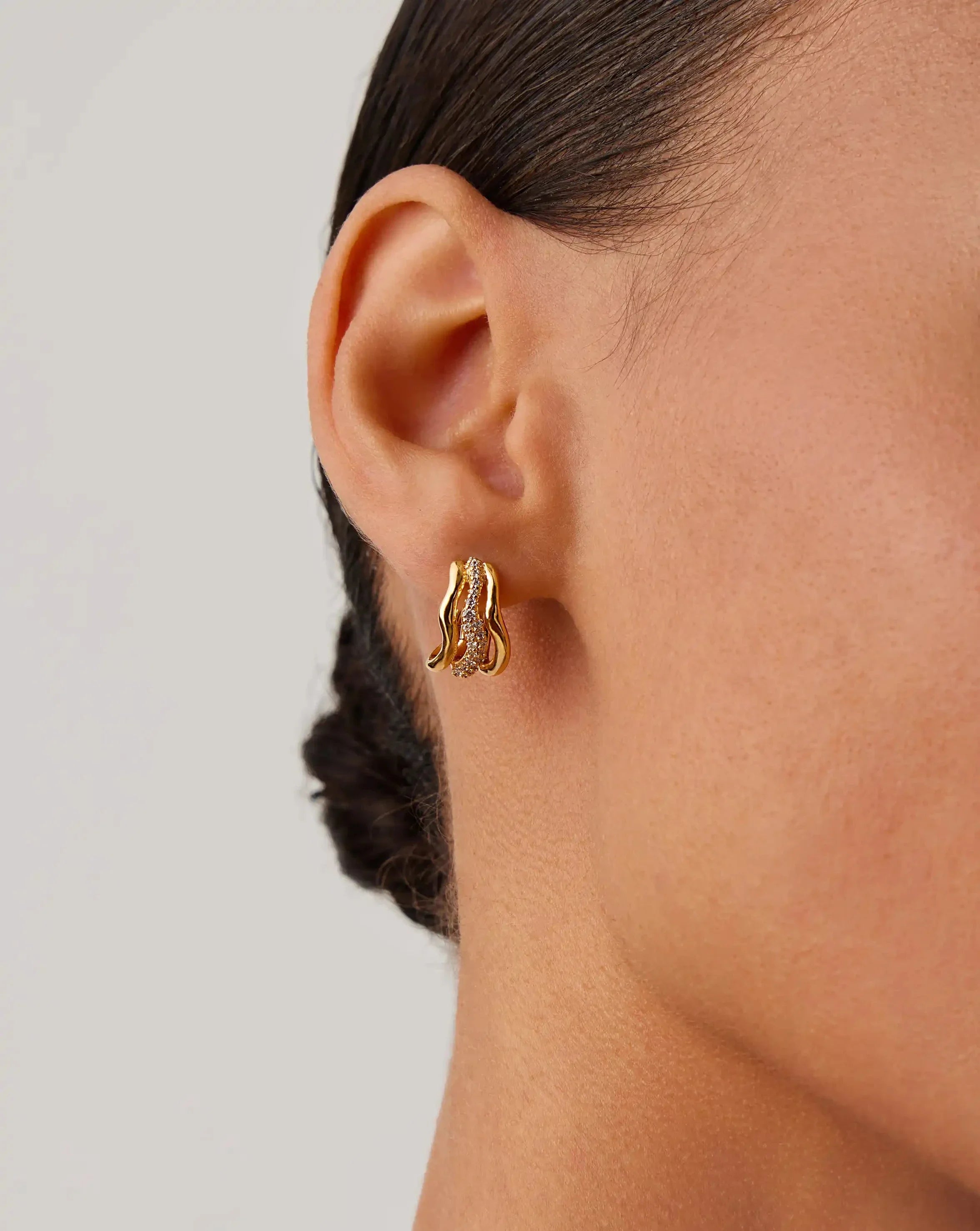 Molten Snow Triple Small Hoop Earrings | 18ct Gold Plated/Cubic Zirconia